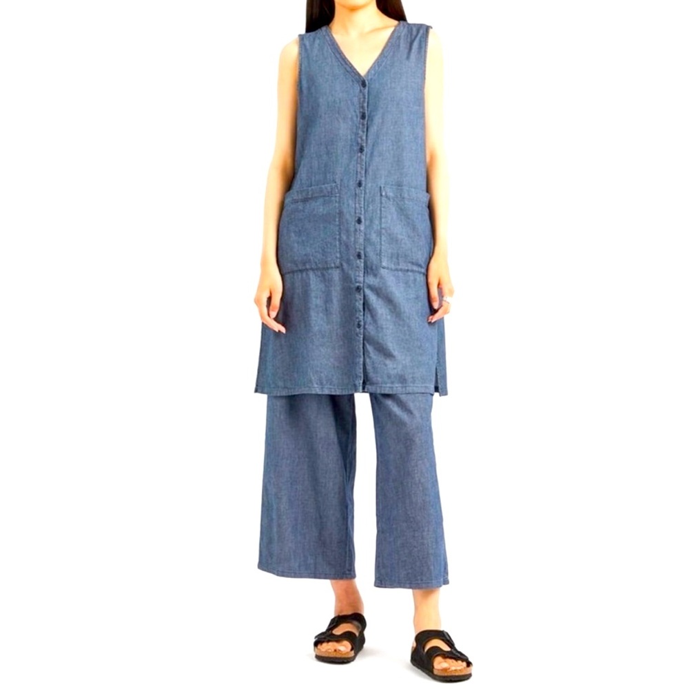 Eileen Fisher Twill Denim V Neck Long Tunic Top and Pants Set